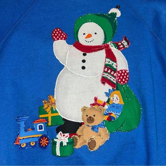 Ugly Christmas Sweatshirt Hanes Blue Festive Snowman Crewneck Sweater Vintage - Picture 5 of 6